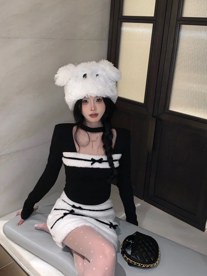 LIZAKOSHT  -  Women Sexy Two Piece Sets Fall Winter Long Sleeve Hollow Out Patchwork Cropped Tops Fashion Bow Striped Hotsweet Sexy Mini Skirt