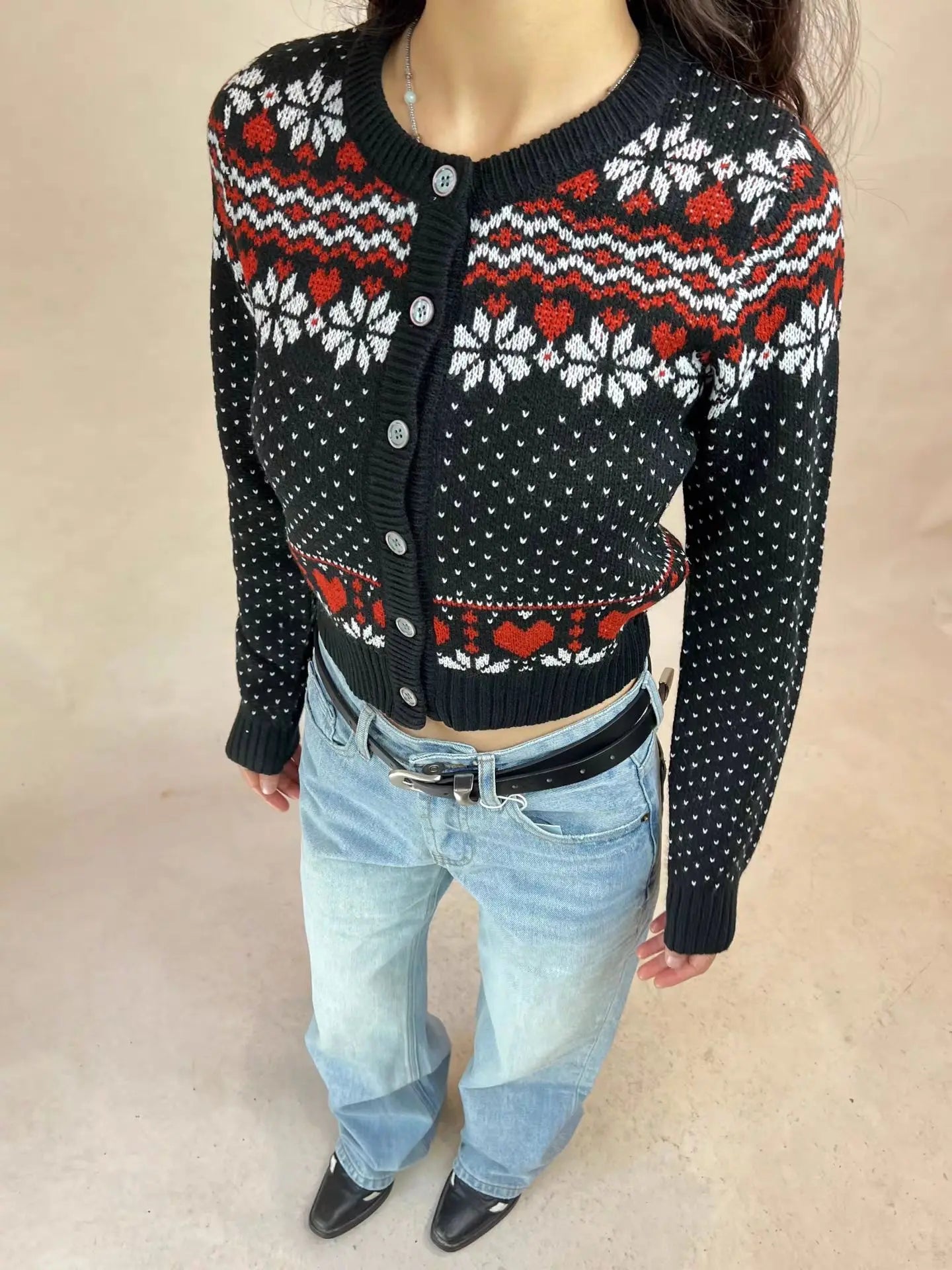 LIZAKOSHT  -  Geometric Jacquard Sweater Cardigan Woman O-neck Long Sleeve Slim Crop Top Female Casual Vintage Sweet Sweaters Autumn New Coat