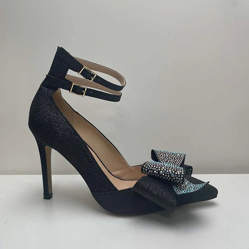 LIZAKOSHT  -  Butterfly Knot Pointed Toe Rhinestone Bling Women Pumps Crystal Solid Color Buckle Strap Sandals Fashion Western Female Shoes