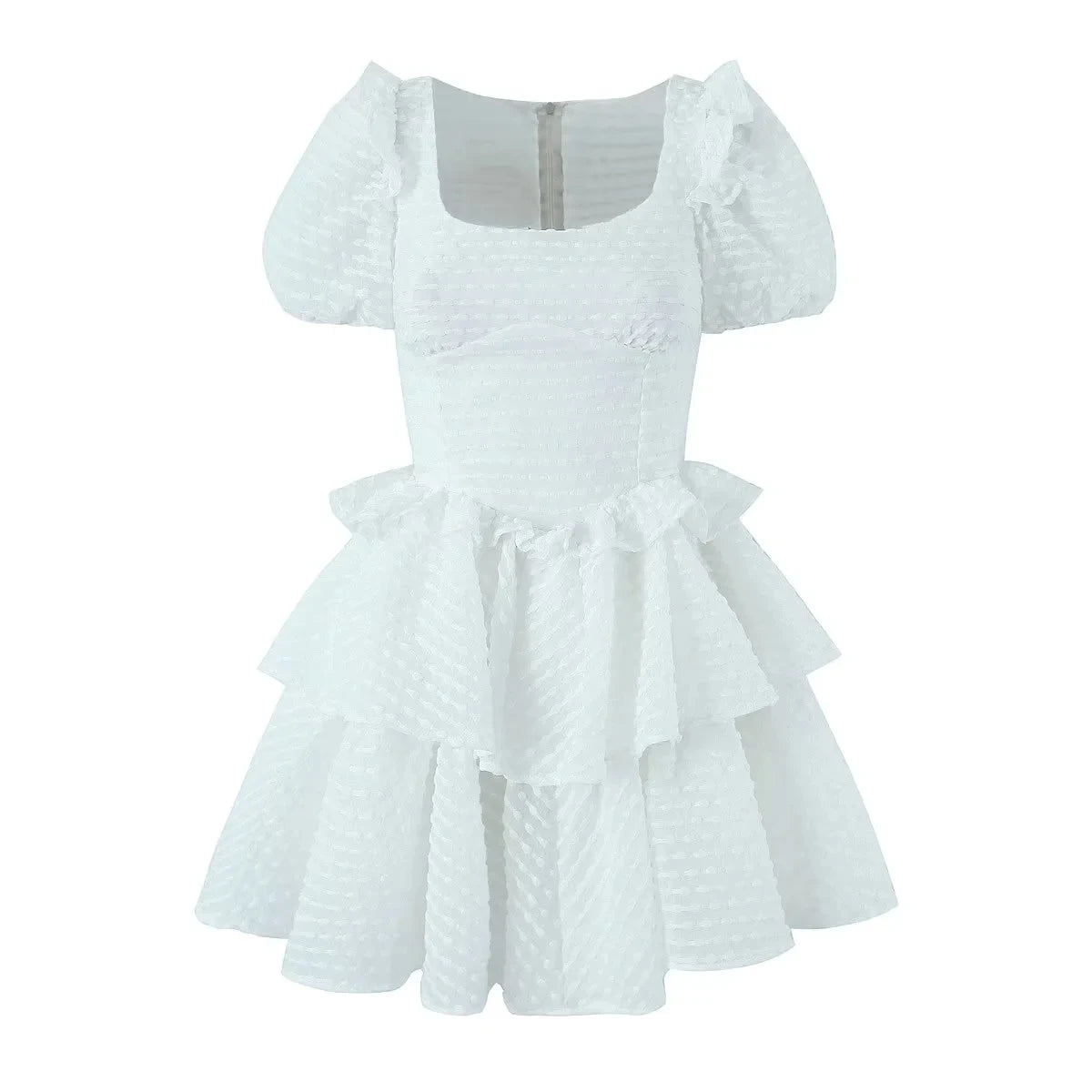 LIZAKOSHT  -  Elegant Chic Mini Tiered Dress Blue White Summer Party Women Ruffles Puff Sleeve Backless Sexy Ladies Dress Vestidos