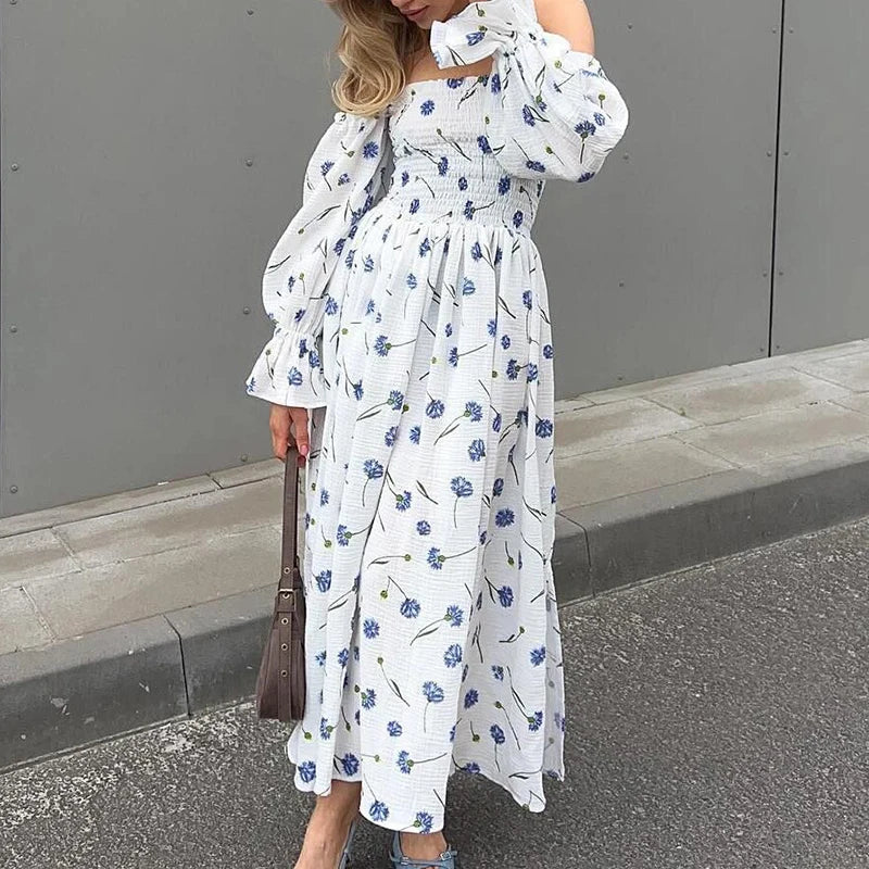 LIZAKOSHT  -  Casual Pleats Long Dress Autumn Sexy Off Shoulder Lantern Sleeve Dress Women Fashion Floral Print Split Holiday Dress Mujer