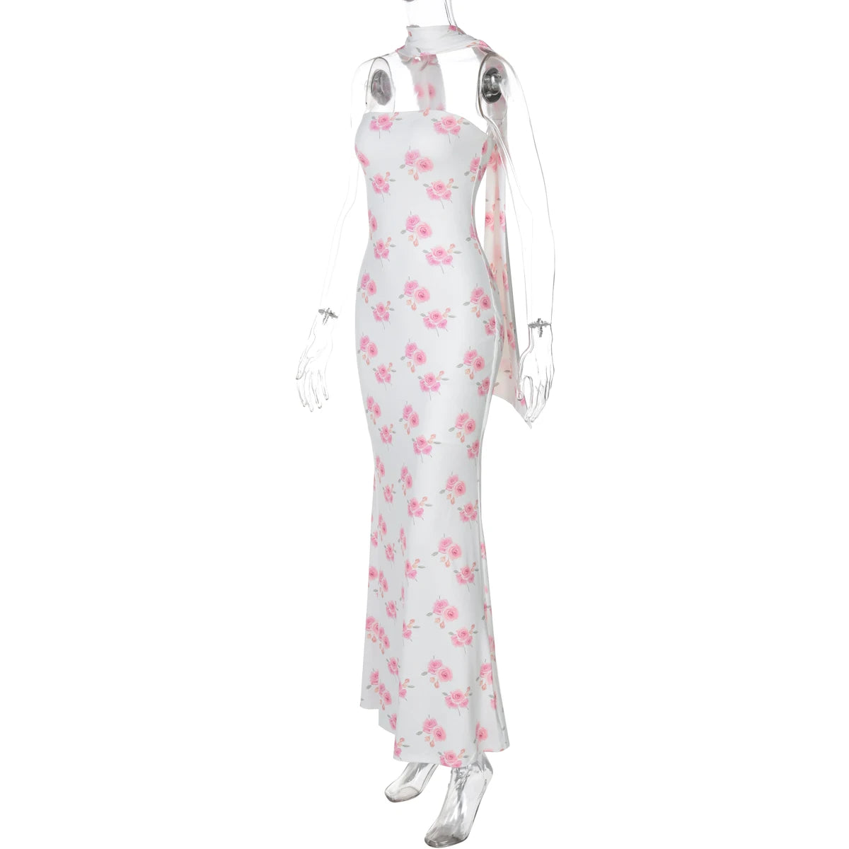 LIZAKOSHT  -  Elegant Floral Print Strapless Ribbon Sexy Bodycon Maxi Prom Dress Summer Women Clothes Birthday Party Festival