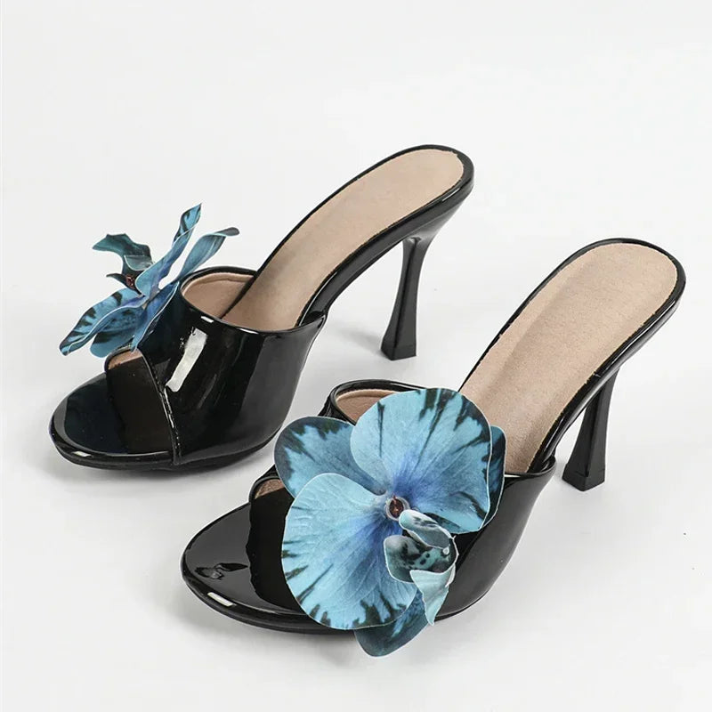 LIZAKOSHT  -  Fashion Flower Slippers Women Up Size 42 43 Designer High Heels Sandals Female Patent Leather Open Toe Slides Sandalias De Mujer
