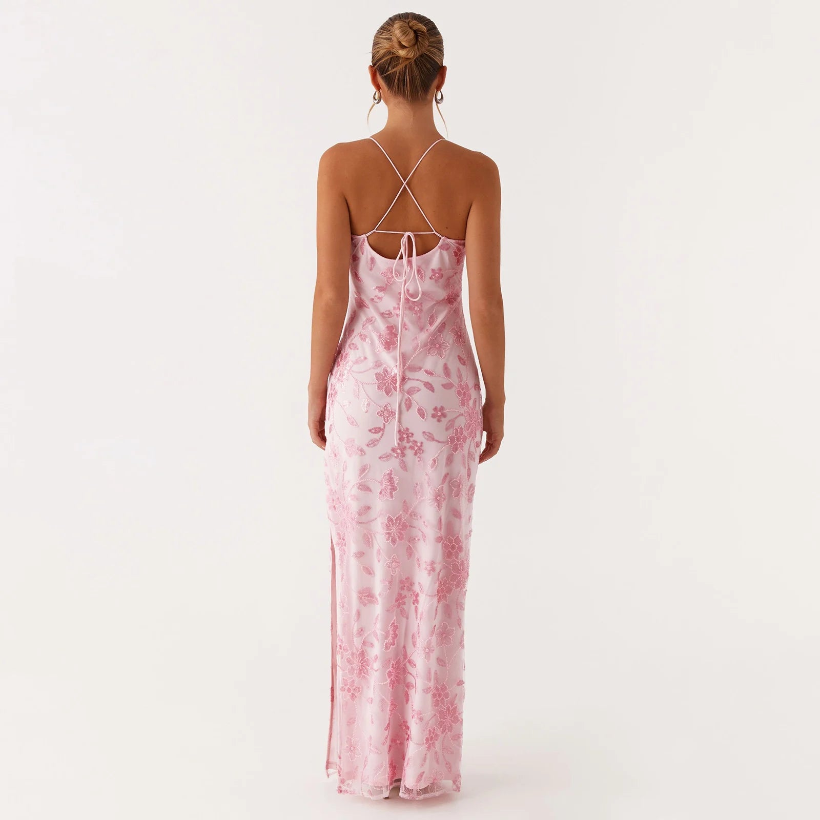 LIZAKOSHT  -  Women Summer Glitter Sequin Beaded Flower Cami Dress Slim High Split Spaghetti Strap Open Back Long Dresses for Party Club