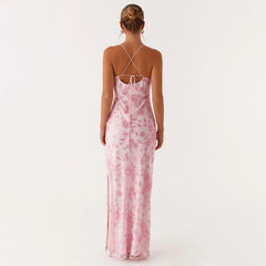 LIZAKOSHT  -  Women Summer Glitter Sequin Beaded Flower Cami Dress Slim High Split Spaghetti Strap Open Back Long Dresses for Party Club