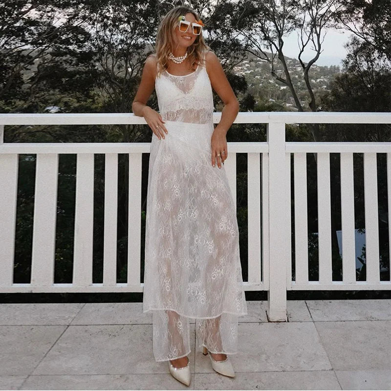 LIZAKOSHT  -  Perspective Lace Cover Up Dress Hollow Out Mesh Sexy Halter Loose See Through Women Suspender Long Dresses Spring Summer New