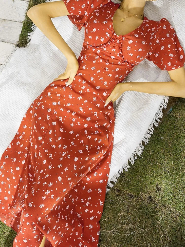 LIZAKOSHT  -  Summer New Flare Sleeve Elegant Print Dress Women Fashion High Waist A-line Beach Dress Lady Floral Holiday Dress