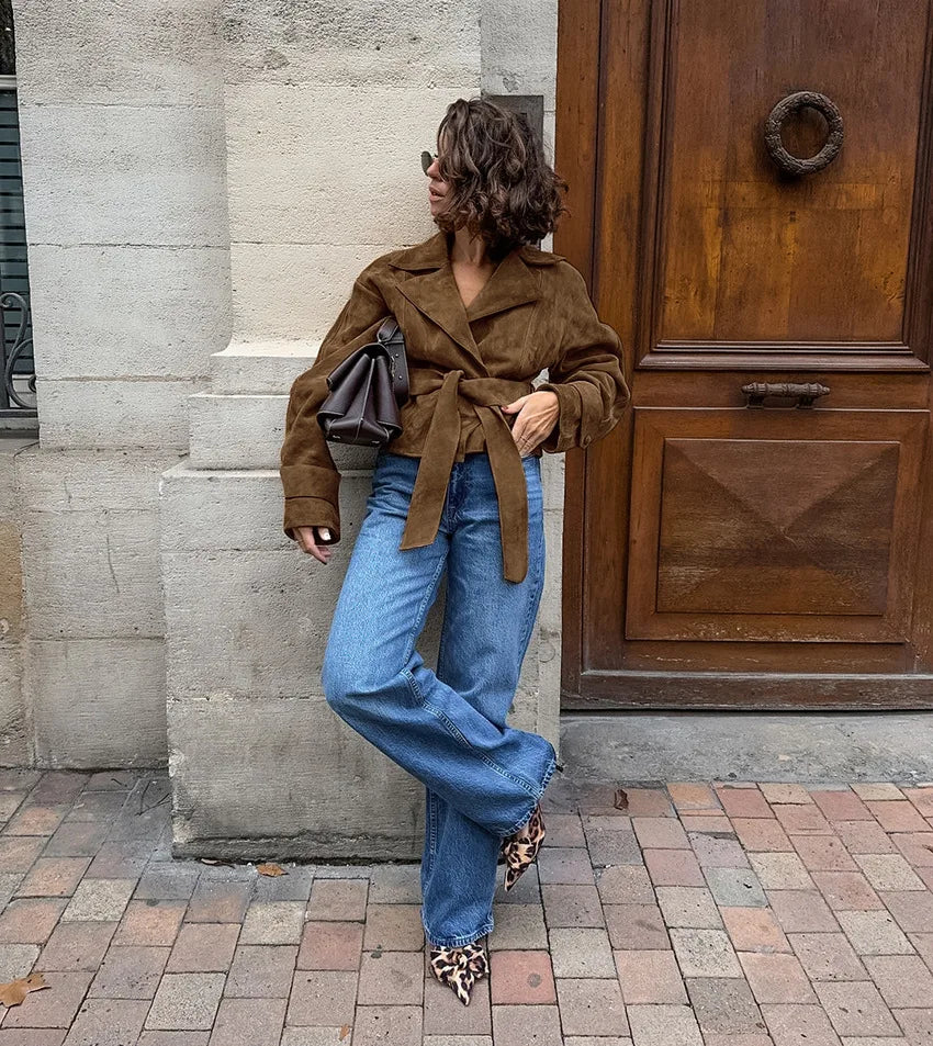 LIZAKOSHT  -  Vintage Suede Coats Women Aututmn Winter Turn-down Collar Brown Outerwears with Belt Office Lady Double Breasted Jackets