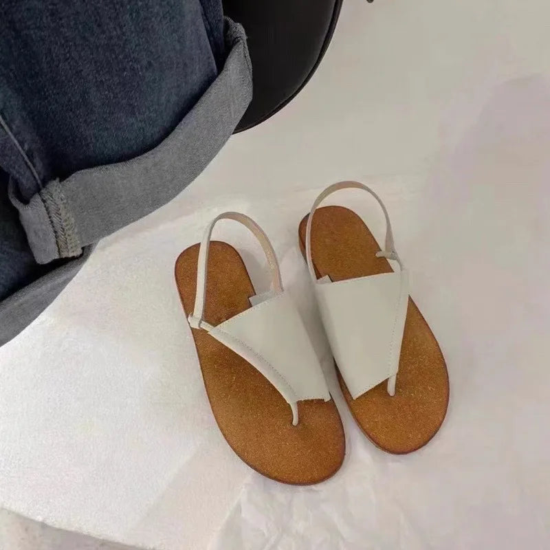 LIZAKOSHT  -  French Genuine Leather Simple Flat Bottom Toe-Over-Rromano Sandals Women Summer New Beach Casual Foot-Mouth Slippers Outdoor Wea