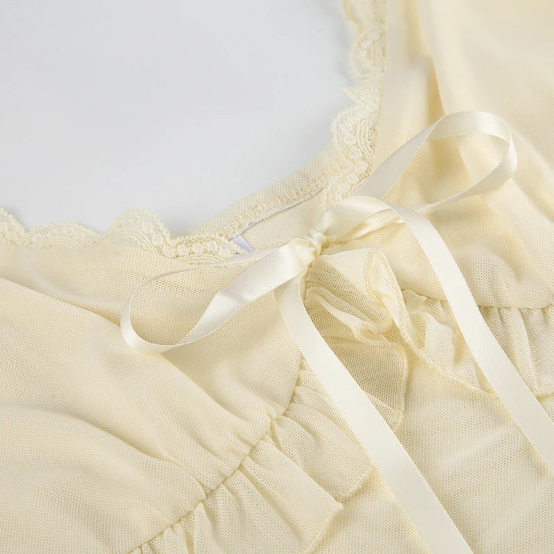 LIZAKOSHT  -  Women Boho Chic Ruffled Lace V-neck Tank Top Bow Tied Sleeveless Light Yellow Sexy Crop Tops Summer Holiday Camisole