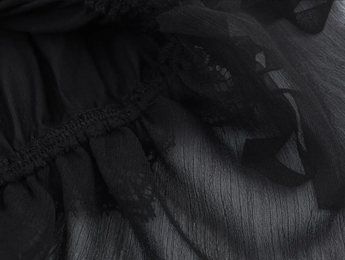 LIZAKOSHT  -  Spring Summer Black Chiffon Lantern Pants Women Spliced Lace Elastic Waist Ruffles Cuff Long Loose Trousers Full Length Bottom