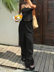 LIZAKOSHT  -  2 piece sets woman outfits，New women's casual two-piece lace up top and pants