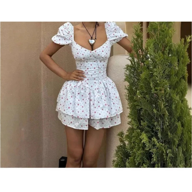 LIZAKOSHT  -  Summer French Sweet Wind Strap Waist Thin Cake Layer Bubble Sleeve Dress