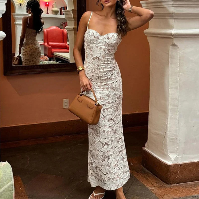 LIZAKOSHT  -  Sexy Lace Backless Slim Fit Summer Strap Dress 2025 Elegant Sleeveless Backless Back Split Hem Wrapped Hip Maxi Dress Party