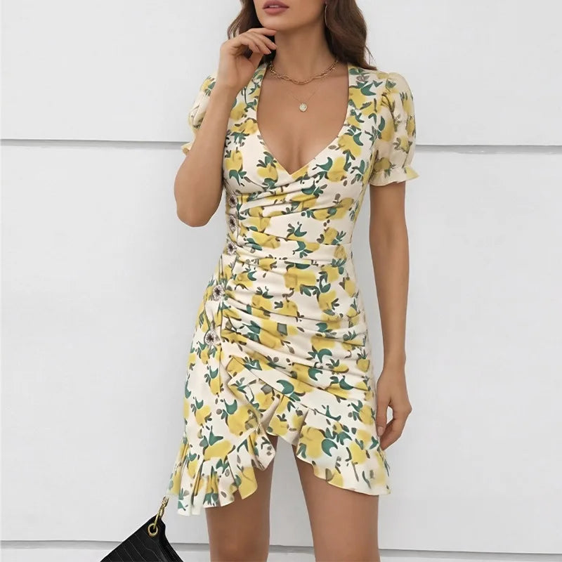 LIZAKOSHT  -  Summer Women Sexy Flora Painted Ruffle Slim Dress Chic Deep V-neck Double Layered Ruffled Hem Dresses Lady New Daily Party Gowns