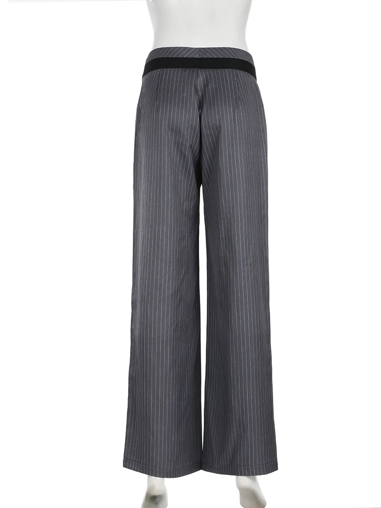 LIZAKOSHT  -  Elegant Fashion Striped Straight Pants Office Ladies Casual Loose Patchwork Wiede Leg Pants Women 2024 Summer Streetwear