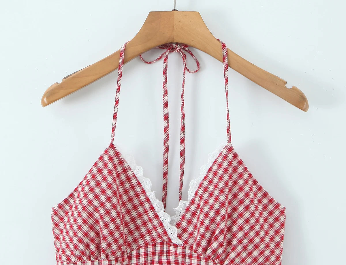 LIZAKOSHT  -  Sexy Red White Plaid Spliced Lace Lacing Up Bow Halter V Collar Mini Dress Women Ruffles Hem A-line Short Dresses Robe Vestidos