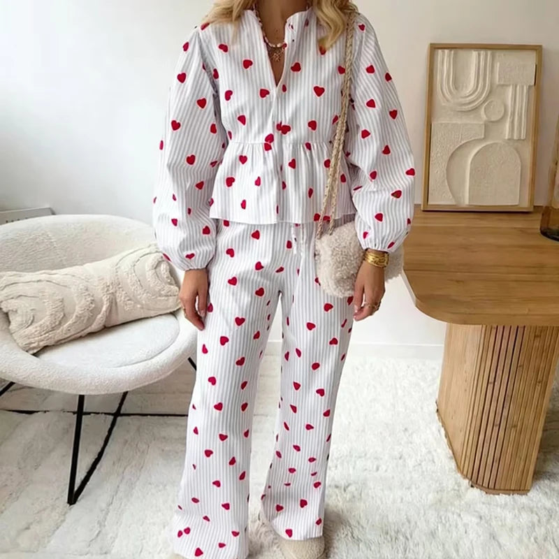 LIZAKOSHT  -  Womens Pajama Sets Cute Heart Print Long Sleeve Button Down Shirt With Long Pants 2 Piece Holiday Loungewear