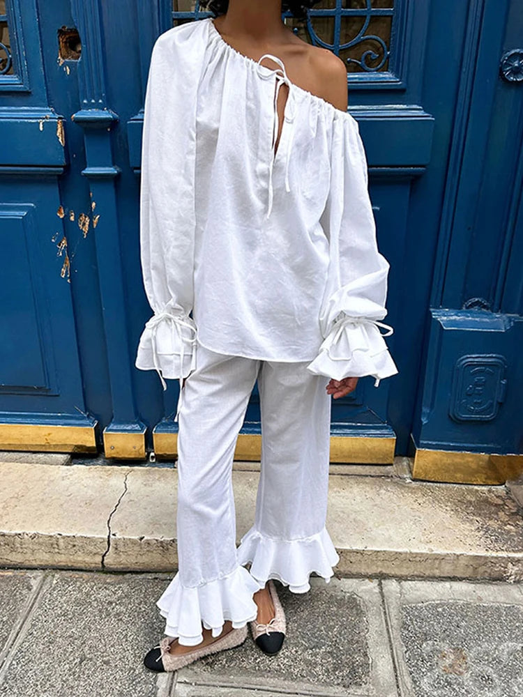 LIZAKOSHT  -  Autumn Casual Off Shoulder Top Pants Sets Women Pleated Lace Up Flare Sleeve Shirt Wide Leg Pant Lady Loose 2 Piece Suit