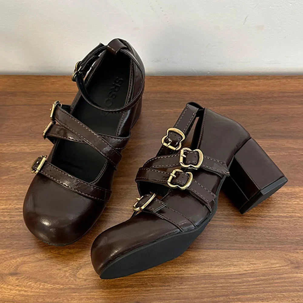 LIZAKOSHT  -  Gothic Retro Black Bucke Straps Pumps Vintage Brown Mary Janes Shoes Women Cute Burgundy Lolita 6cm Block High Heels Pumps