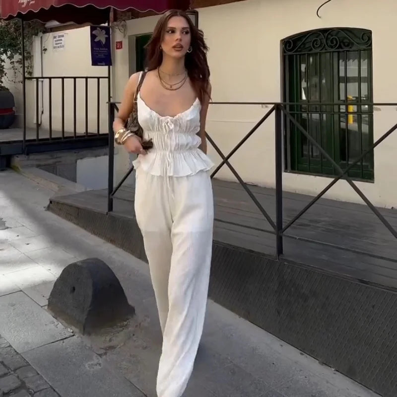LIZAKOSHT  -  Solid Color Ruched Bandage V-neck Spaghetti Strap Tops and Wide Leg Long Pant Y2K Summer Casual New Women 2 Piece Sets