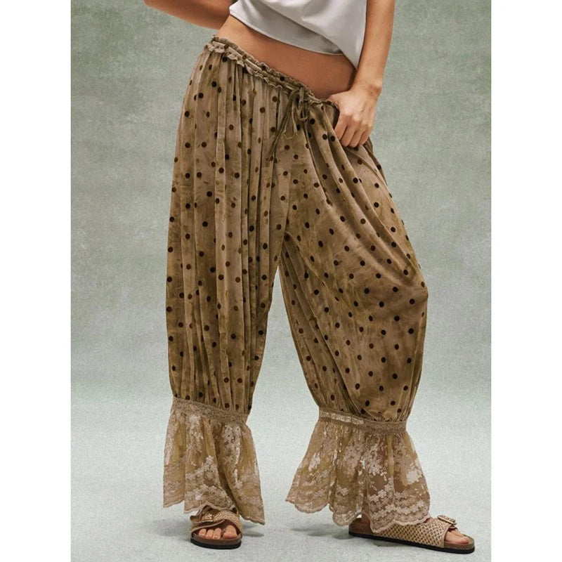 LIZAKOSHT  -  Women's Y2K Bloomer Pants Lace Trim Loose Fit Ruffle Bloomers Elastic Waist Cropped Pumpkin Pettipants Pajama Bottoms