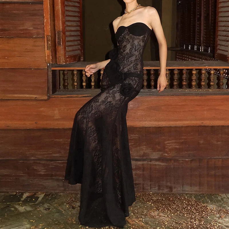 LIZAKOSHT  -  Summer Lace Strapless 3D Flowers Appliques Long Sleeveless Prom Club Dress See Through Sexy Solid Sheath Dress Vestidos