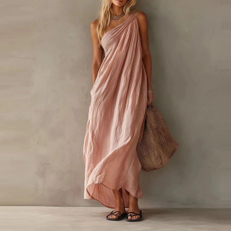 LIZAKOSHT  -  Cotton Linen Casual Pocket Solid Long Dress Elegant Draped Hight Waist Women Dress Sleeveless Slanted Shoulder Loose Party Dress