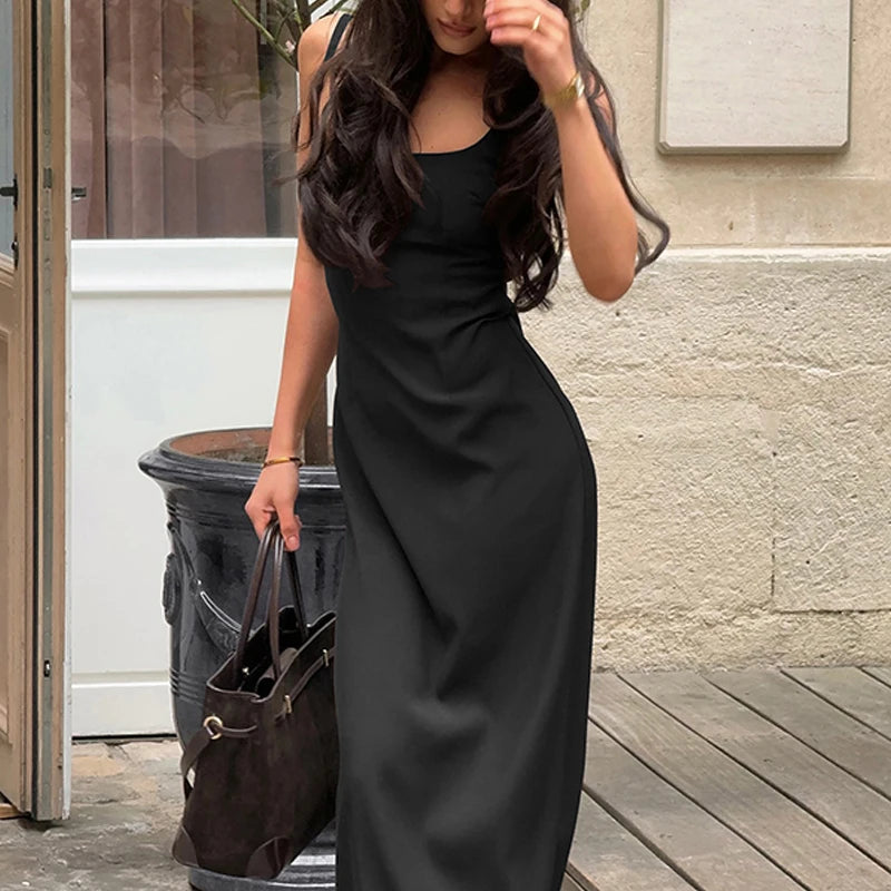 LIZAKOSHT  -  Temperament Minimalist Camisole Dress For Women Fashion Solid Color Sleeveless Backless Ruched Straight Slim Dress Clubwear