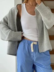 LIZAKOSHT  -  Double-Head Zipper Knitted Sweater Cardigan Solid Color Bomber Jacket Women's Commute Coat Top Minimalism Knitwear Overcoat