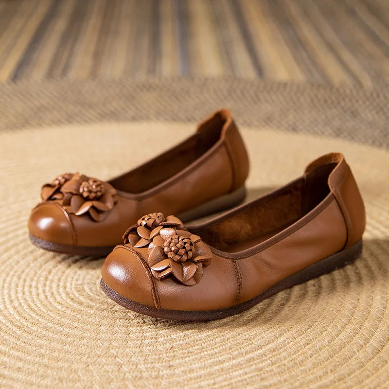 LIZAKOSHT  -  New Autumn Retro Mom Flats Floral Loafers Leather Ballet Flats Woman Non Slip Moccasins Ethnic Style Women's For Shoes