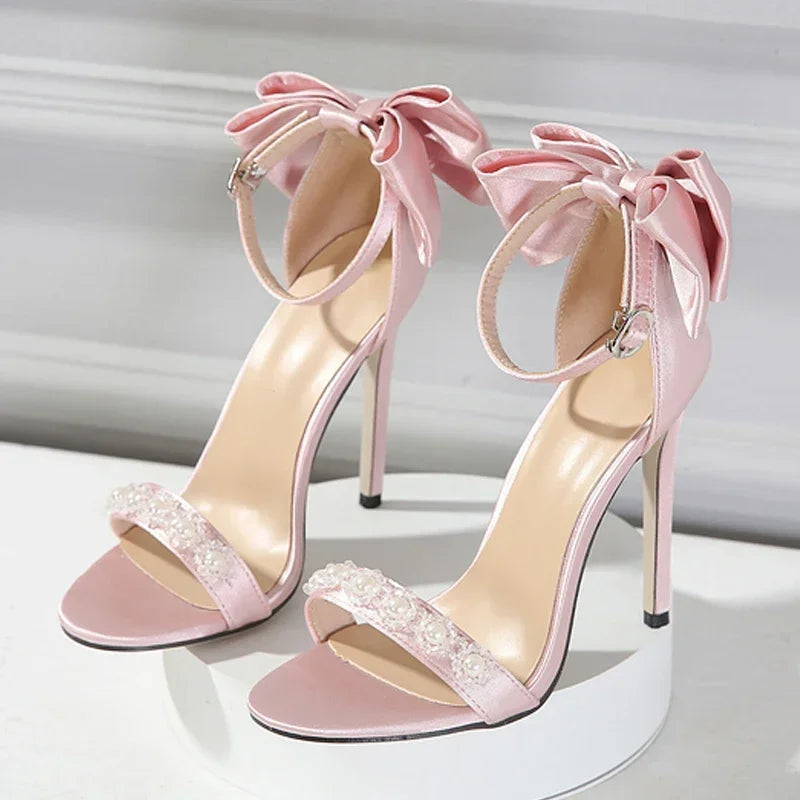 LIZAKOSHT  -  Pearl Satin Bowknot Sexy Thin High Heels Women Crystal Striptease Shoes Female Luxury Party Dress Shoes Women Sandalias De Mujer