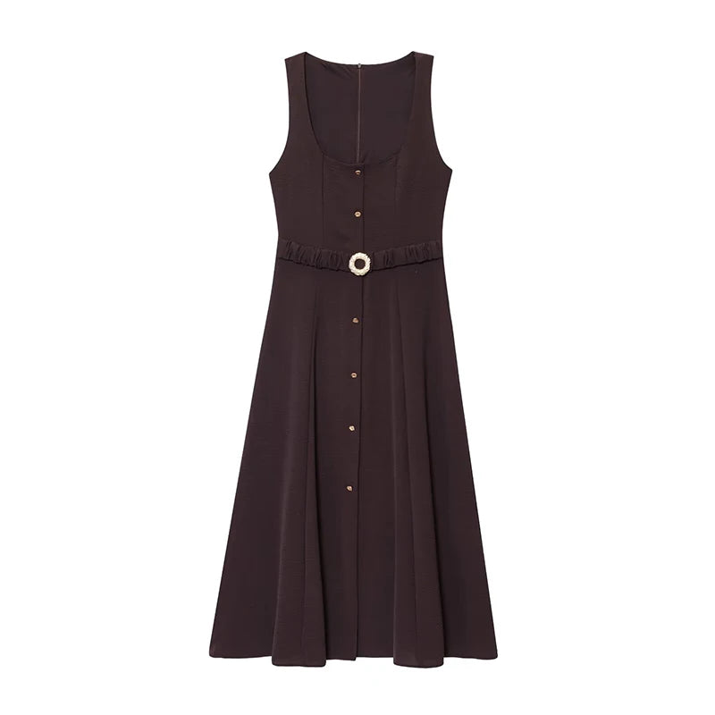 LIZAKOSHT  -  Elegant Single-Breasted Belt Sling Dress Women Fashion Sleeveless Waist-Cinching Pleated Robe 2025 Female Office New Dresses