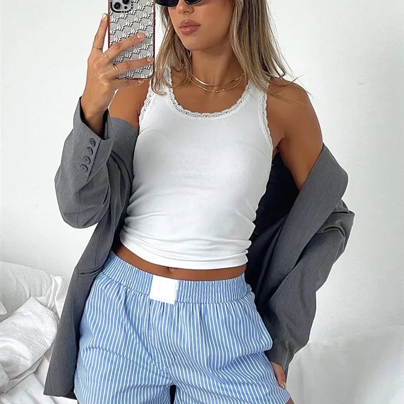 LIZAKOSHT  -  Y2K Striped Loose orts Women's Faion Casual Pants 2000s Sle High Waist Wide Leg Summer Wear Comfortable Breathable