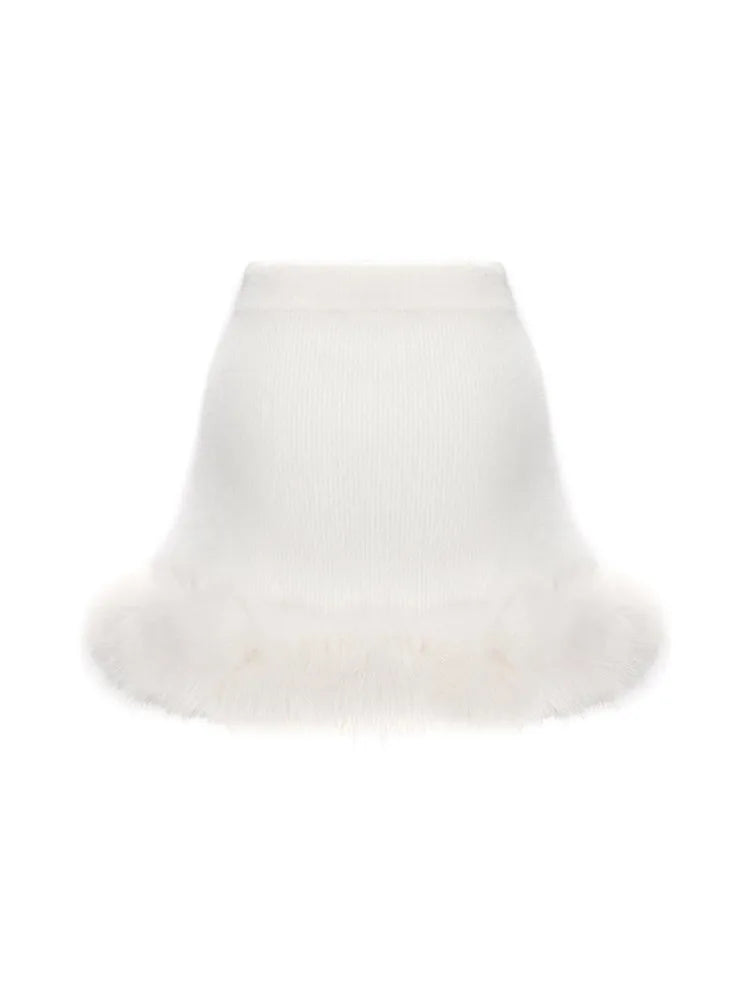 LIZAKOSHT  -  Knit Mini Skirts Pullover Sets Women Off Shoulder Long Sleeves Slim Patchwork Faux Fur Suits Female Chic New Solid Outfits