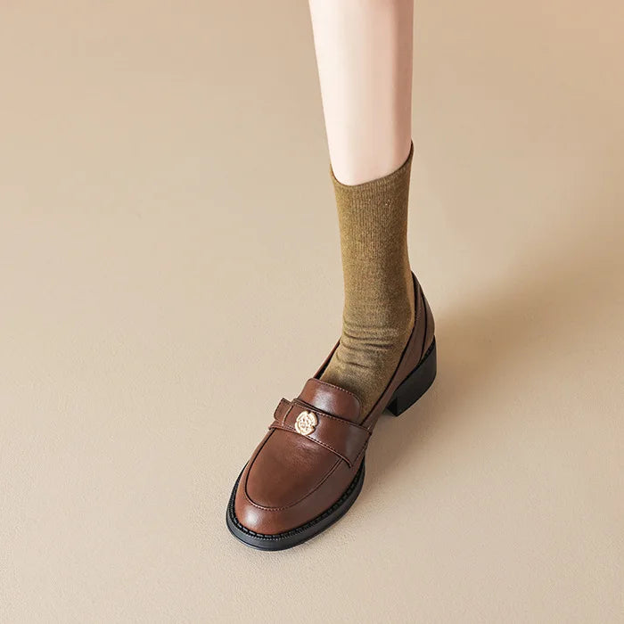 LIZAKOSHT  -  Women's British Shoe Autumn New Thick Heel Women Leather Shoe Versatile Anti Slip Women Casual Shoes Gold Buckle Women's Loafers
