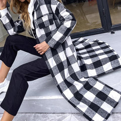 LIZAKOSHT -  Women's Slim Long-sleeved Ladies Overcoat Jacket Autumn and Winter Fashion New Lapel Black and White Plaid Windbreaker