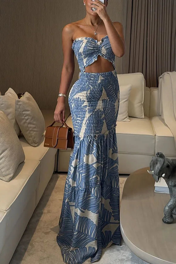 LIZAKOSHT  -  Spring Summer New Halter Neck Hollow Out Fashion Printed Ruched Dress Y2k Clothes Womrn Casual Bodycon Vacation Dress