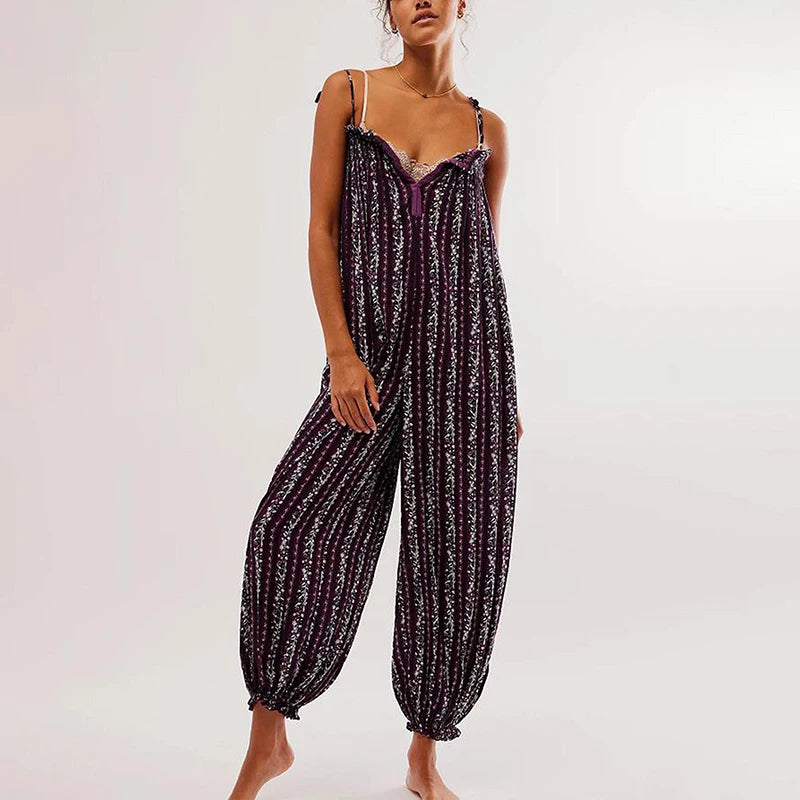 LIZAKOSHT  -  Elegant V-neck Tie-up Suspender Romper Casual Sleeveless Loose Women Jumpsuit Vintage Pattern Print High Waist Summer Playsuits