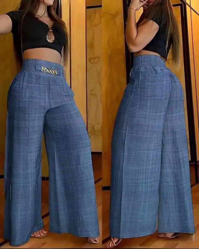 LIZAKOSHT  -  High Waist Wide Leg Pants Pure Color Loose plus Size Flared Trousers Women's Fashion plus Polyester Spring Autumn Season