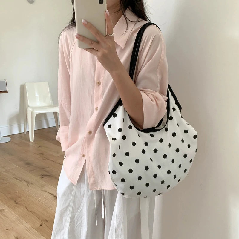 LIZAKOSHT  -  Fashion Wave Dot Shoulder Bag Versatile Large Capacity Commuter Tote Bags Casual Cotton Handbag