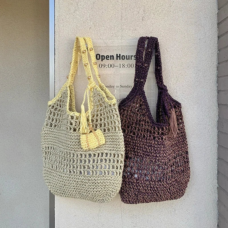 LIZAKOSHT  -  Eco-friendly Handmade Women Designer Straw Mesh Shoulder Bag Beach Holiday Dress Beach Shopping Bags