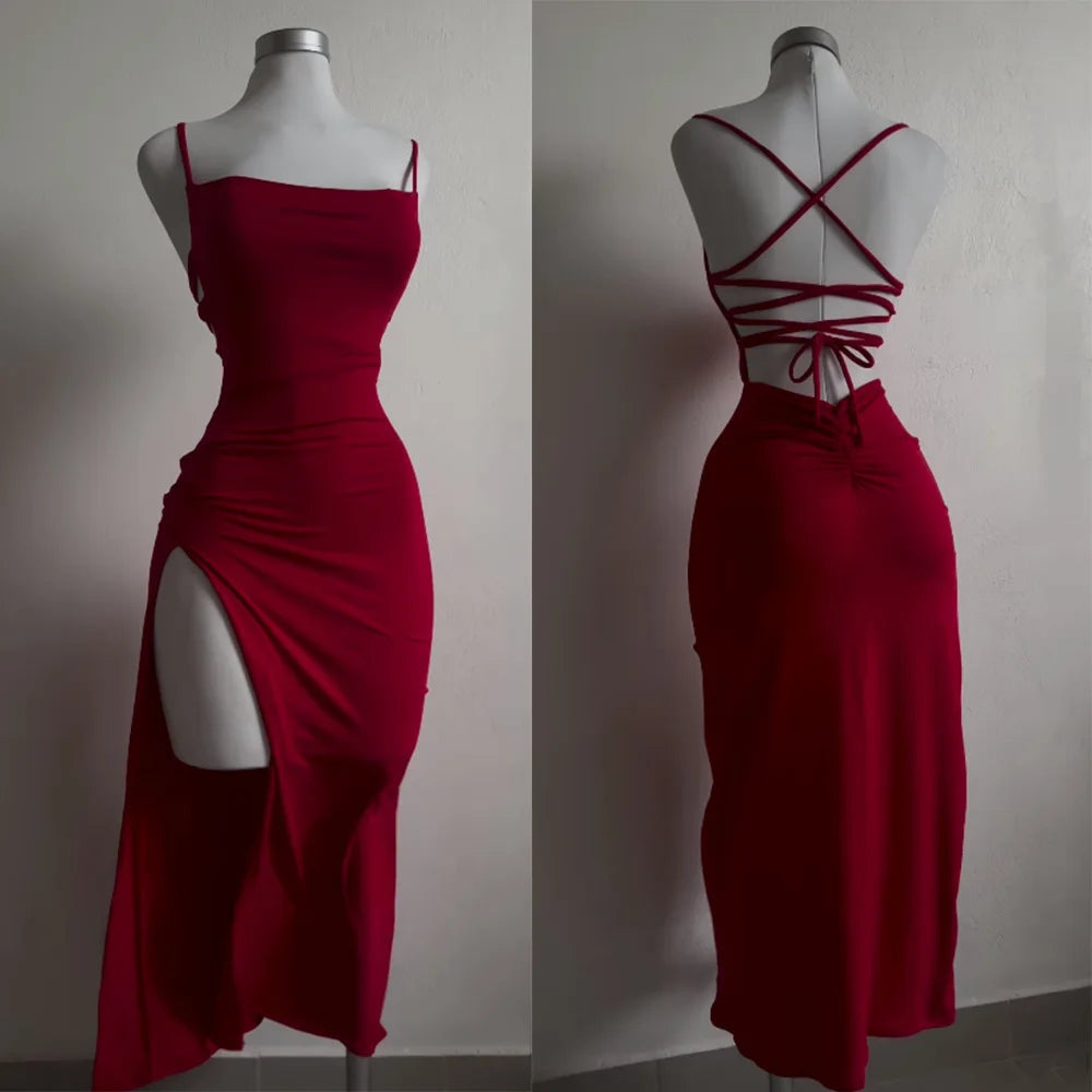 LIZAKOSHT  -  Sexy Holiday Backless Lace Up Long Dress Women Split Sleeveless Bodycon Party Evening Dresses High Street Female Suspender Robes