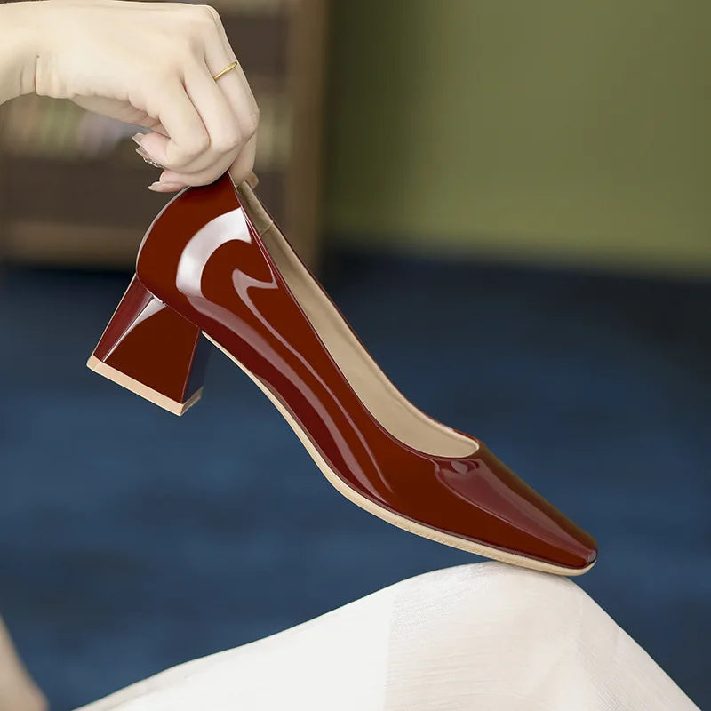 LIZAKOSHT -  Solid Japanned Leather Pumps Woman Block High Heels Shoes OL Ladies Dress Work Escarpins Femmes Designer Luxury Tacones Mujer