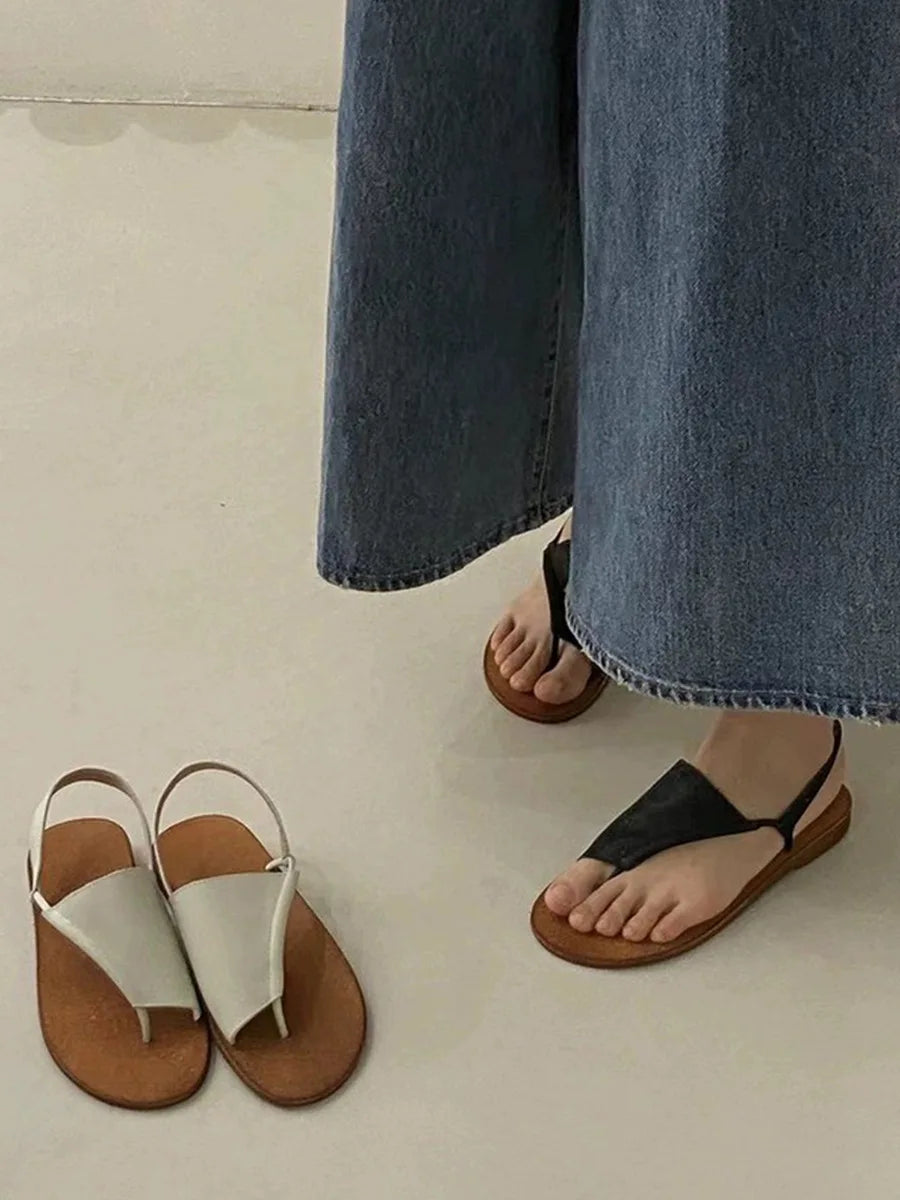LIZAKOSHT  -  French Genuine Leather Simple Flat Bottom Toe-Over-Rromano Sandals Women Summer New Beach Casual Foot-Mouth Slippers Outdoor Wea