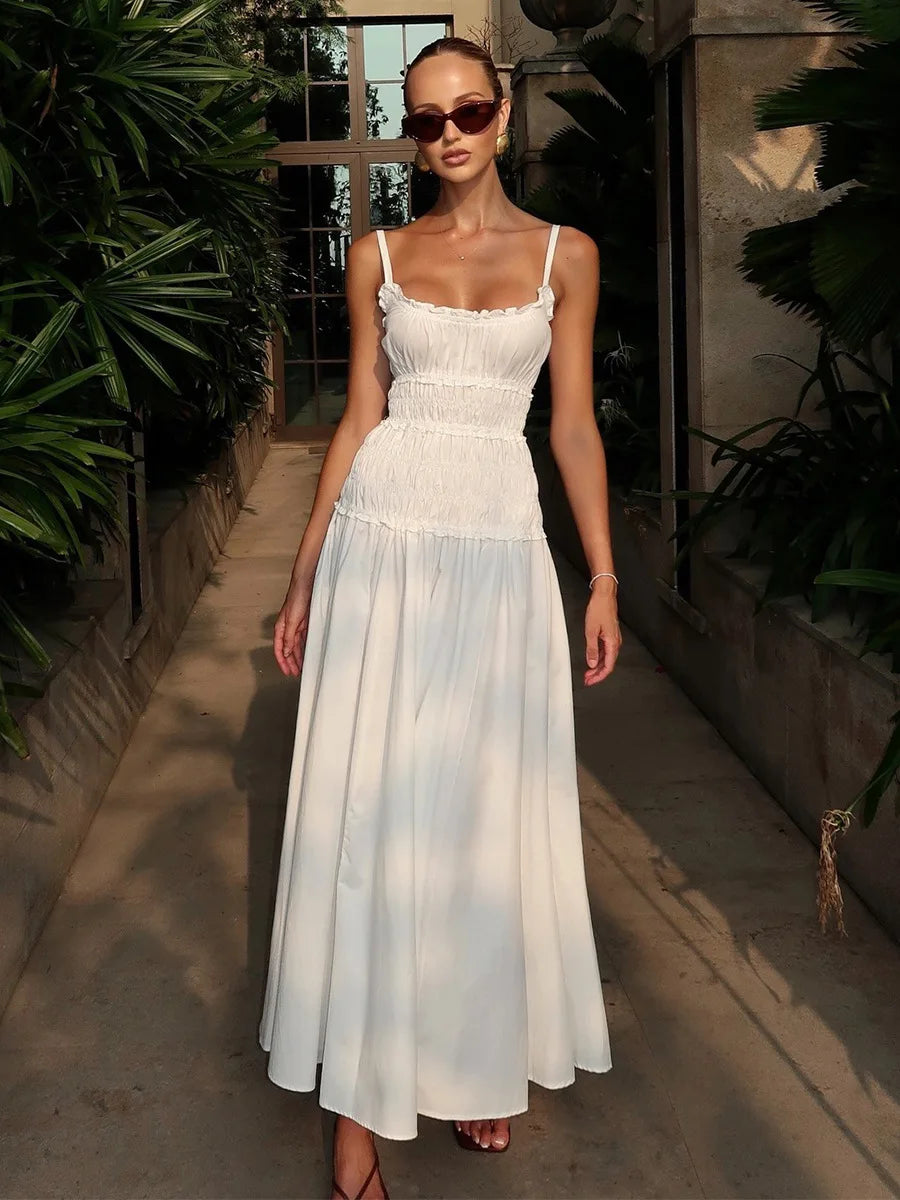 LIZAKOSHT  -  New 2026 Summer White Ruched Long Dresses Women's Spaghetti Strap Cotton Slim Fitted Waist Dress