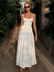 LIZAKOSHT  -  New 2026 Summer White Ruched Long Dresses Women's Spaghetti Strap Cotton Slim Fitted Waist Dress