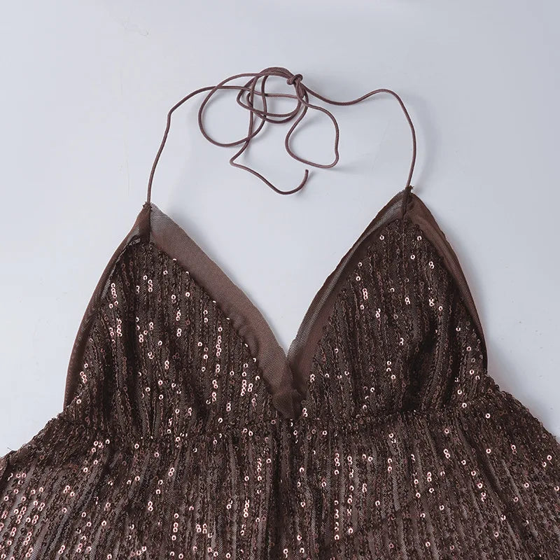LIZAKOSHT  -  Retro Glitter Dress Sets Sexy V-neck Shiny Backless Lace-up Vest Glitter Skirt Set Fashion Party Club Women Dress Sets