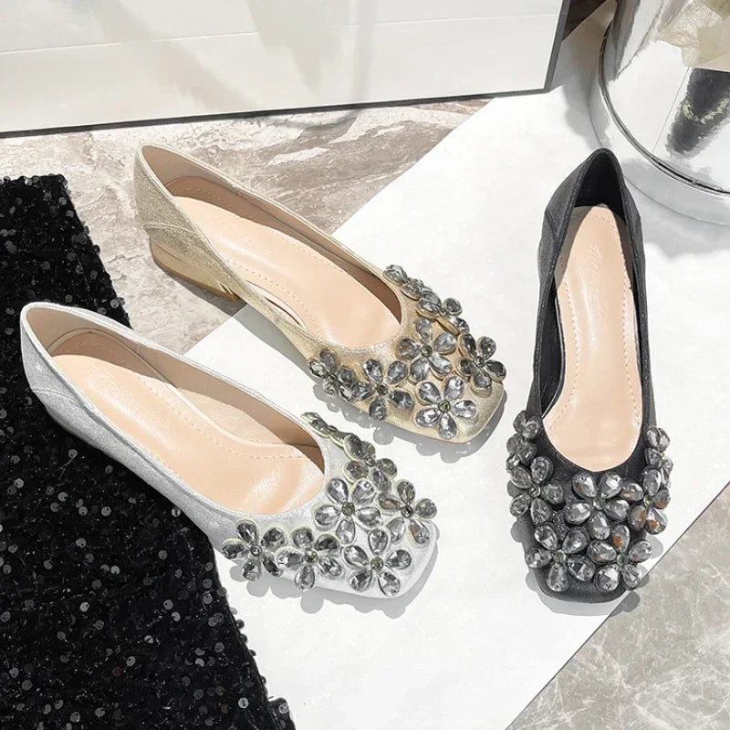LIZAKOSHT  -  Crystal Flower Designer Women Shoes Chunky Elegant Dress Shoes Shallow Comfort Fashion Diamond Pumps Women Zapatos De Mujer