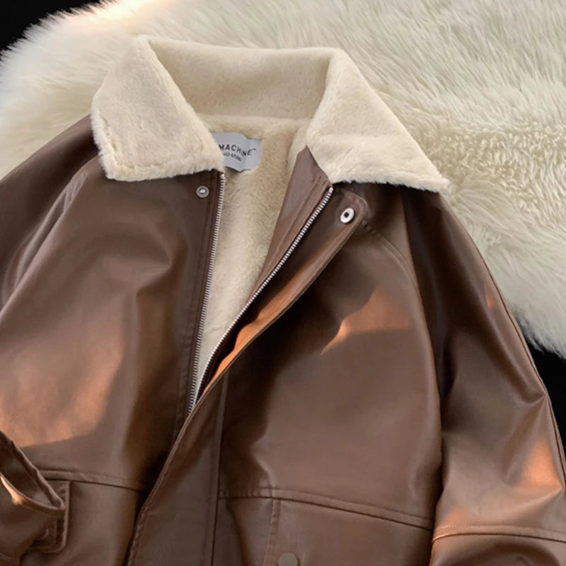 LIZAKOSHT  -  Winter Lapel Pu Leather Women Padded Jacket Faux Lamb Vintage Spliced Zipper Outwear Loose Highstreet Fleece Collar Warm Coat